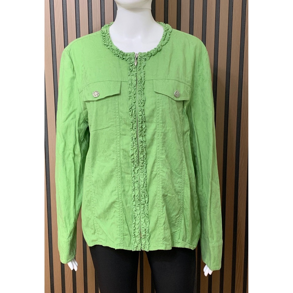 Coldwater Creek Women's Green Jacquard Ruffle Zip Front Jacket XL Cotton